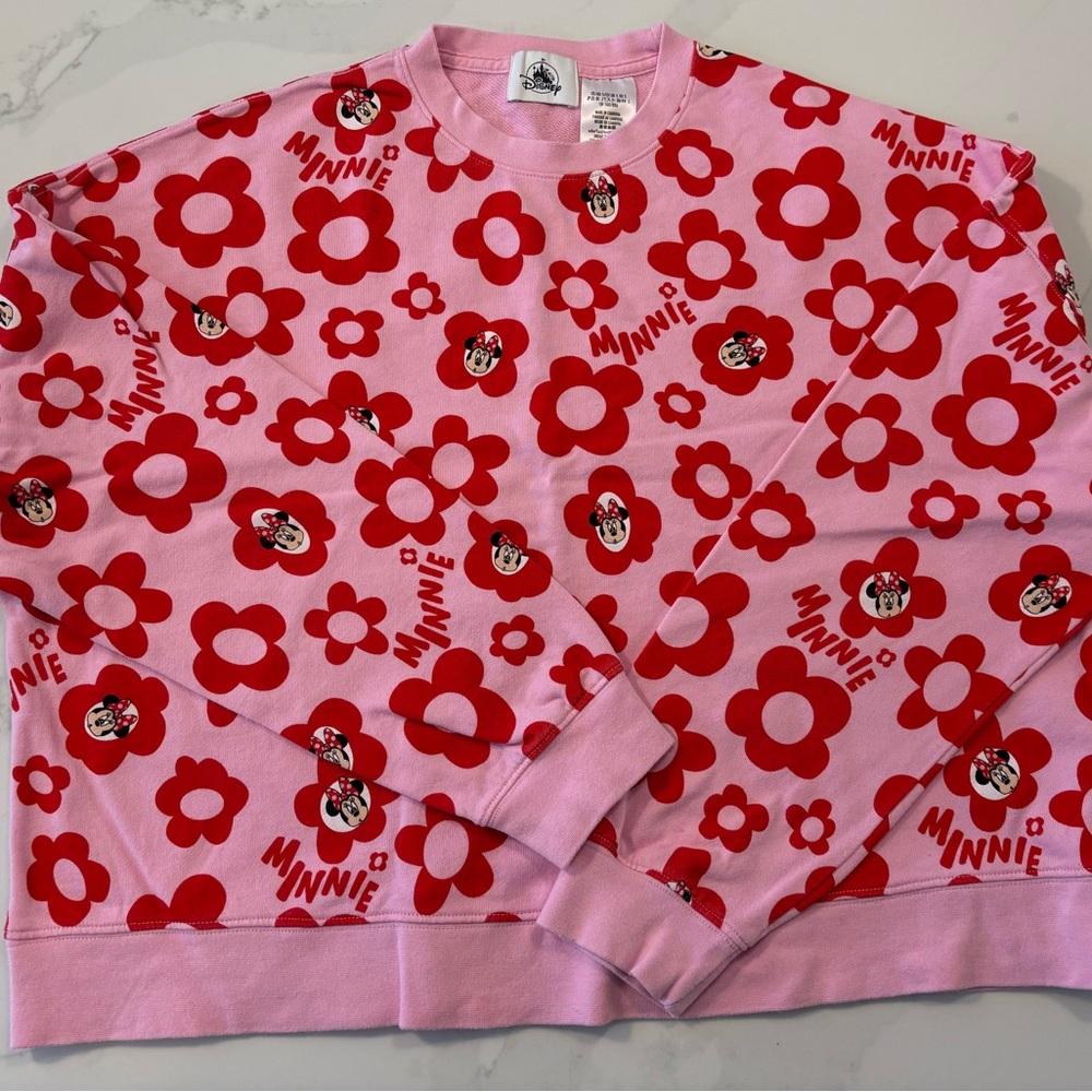 Disney Pink Sweatshirt with Red Floral Minnie Print